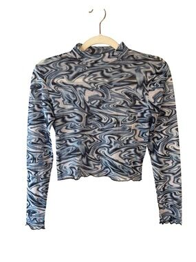 Women’s Blue Marble Mesh Long-Sleeve Crop Top Sheer Size XS or S Y2K Festival